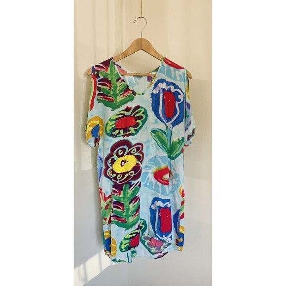 Jams World Dresses & Skirts - VTG Jams World Abstract Watercolor Big Floral Cut Out Shoulder Shift Dress XS